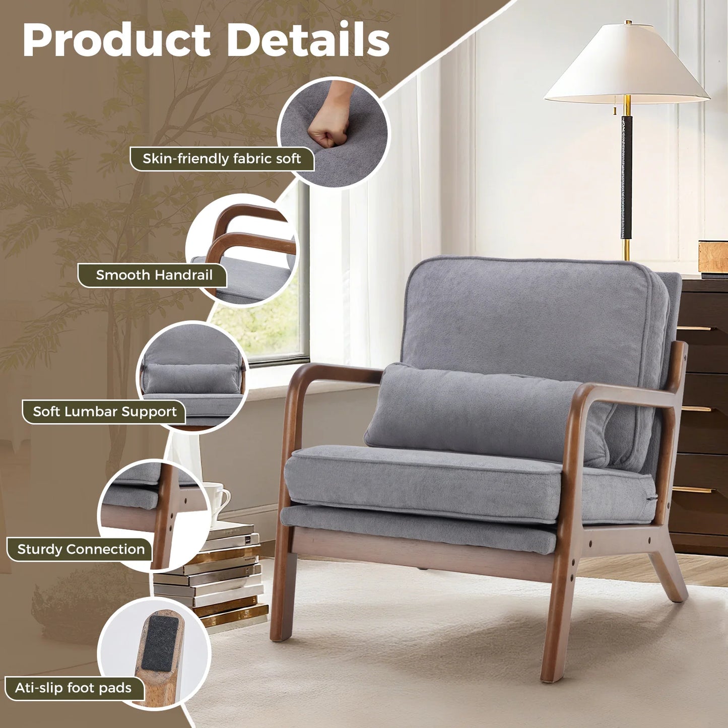 JHK Mid Century Modern Chair With Wooden Frame And Armrests