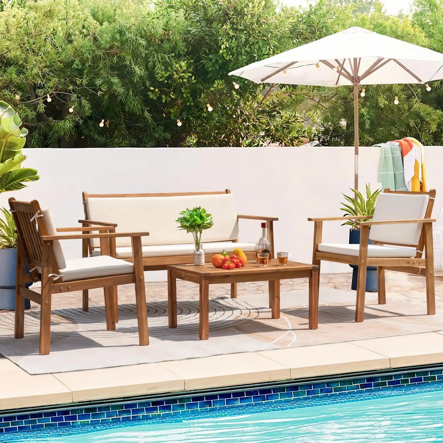 Acacia Wood 4 Piece Patio Bistro Set With Loveseat And Coffee Table
