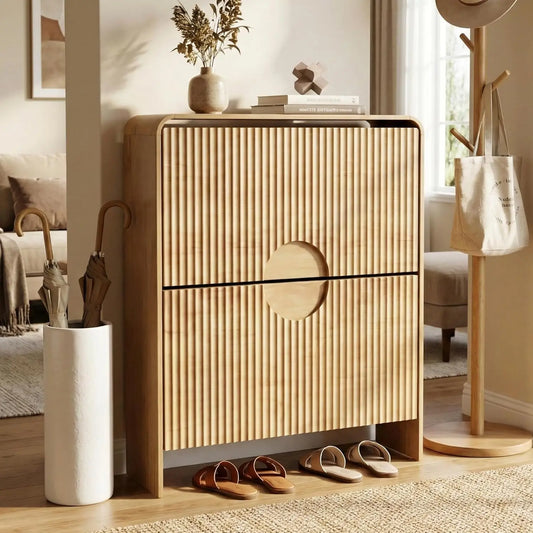 XIAOLANG Narrow Shoe Cabinet With Fluted Doors 2 Drawers