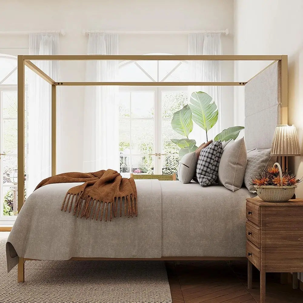 RBXC Modern Metal Canopy Bed Frame 4-Poster With Linen Headboard