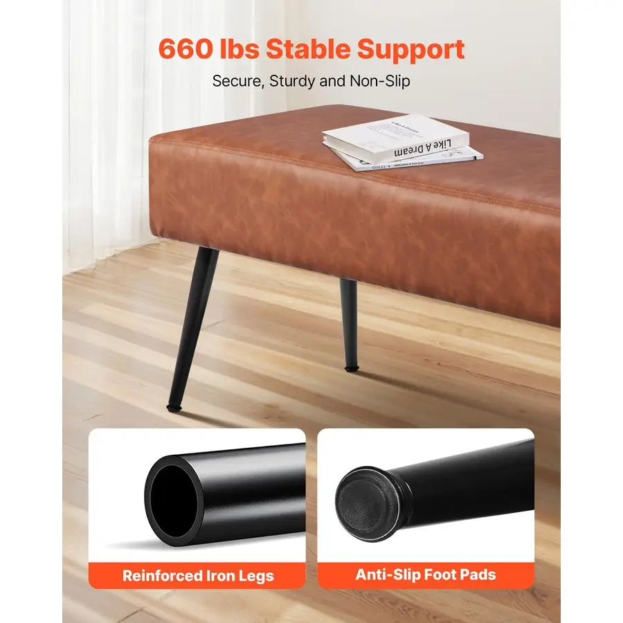 XMSJ PU Leather Bedroom Bench With Metal Legs And Stitching