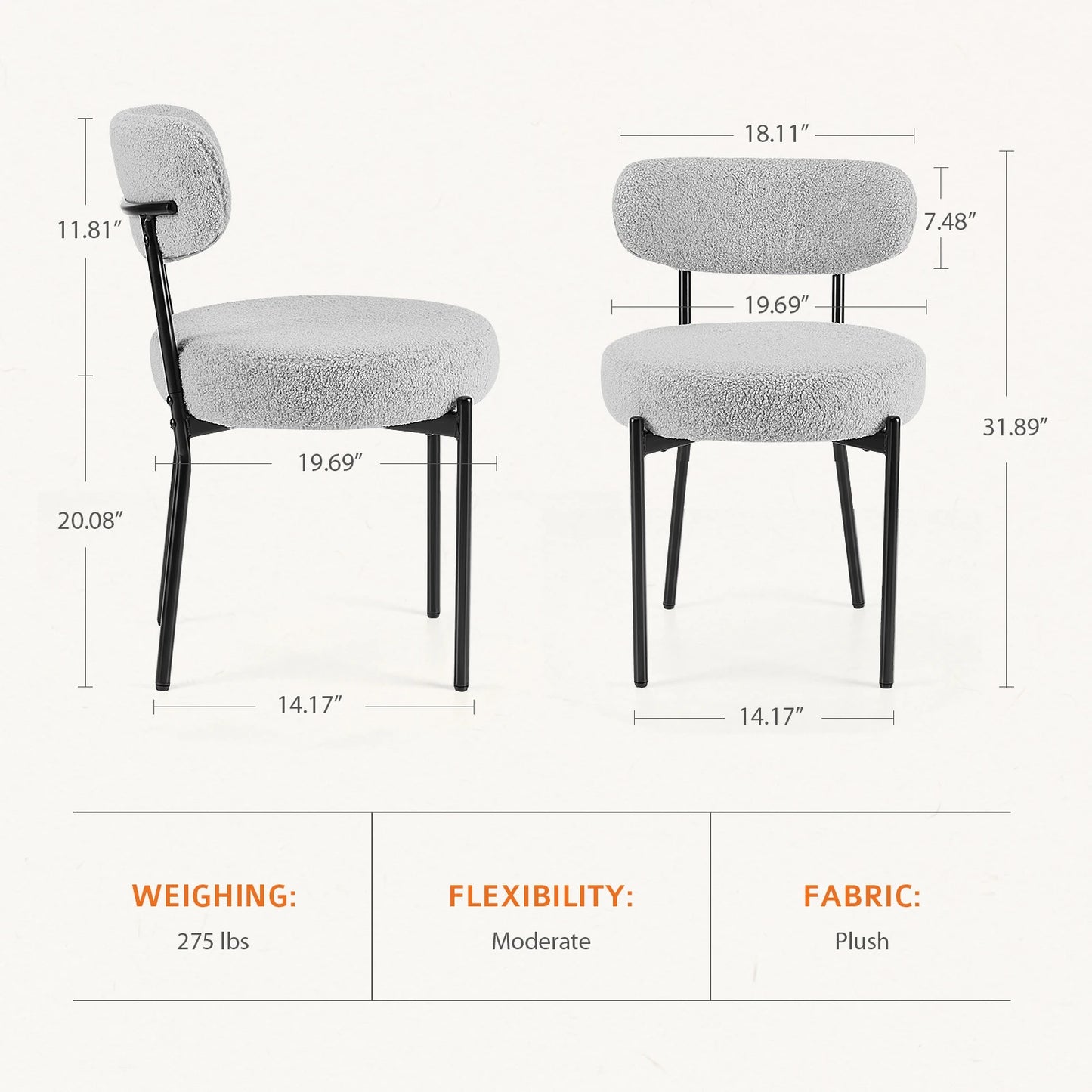 JHK Ergonomic Round Dining Chairs Set Plush Fabric Metal Legs