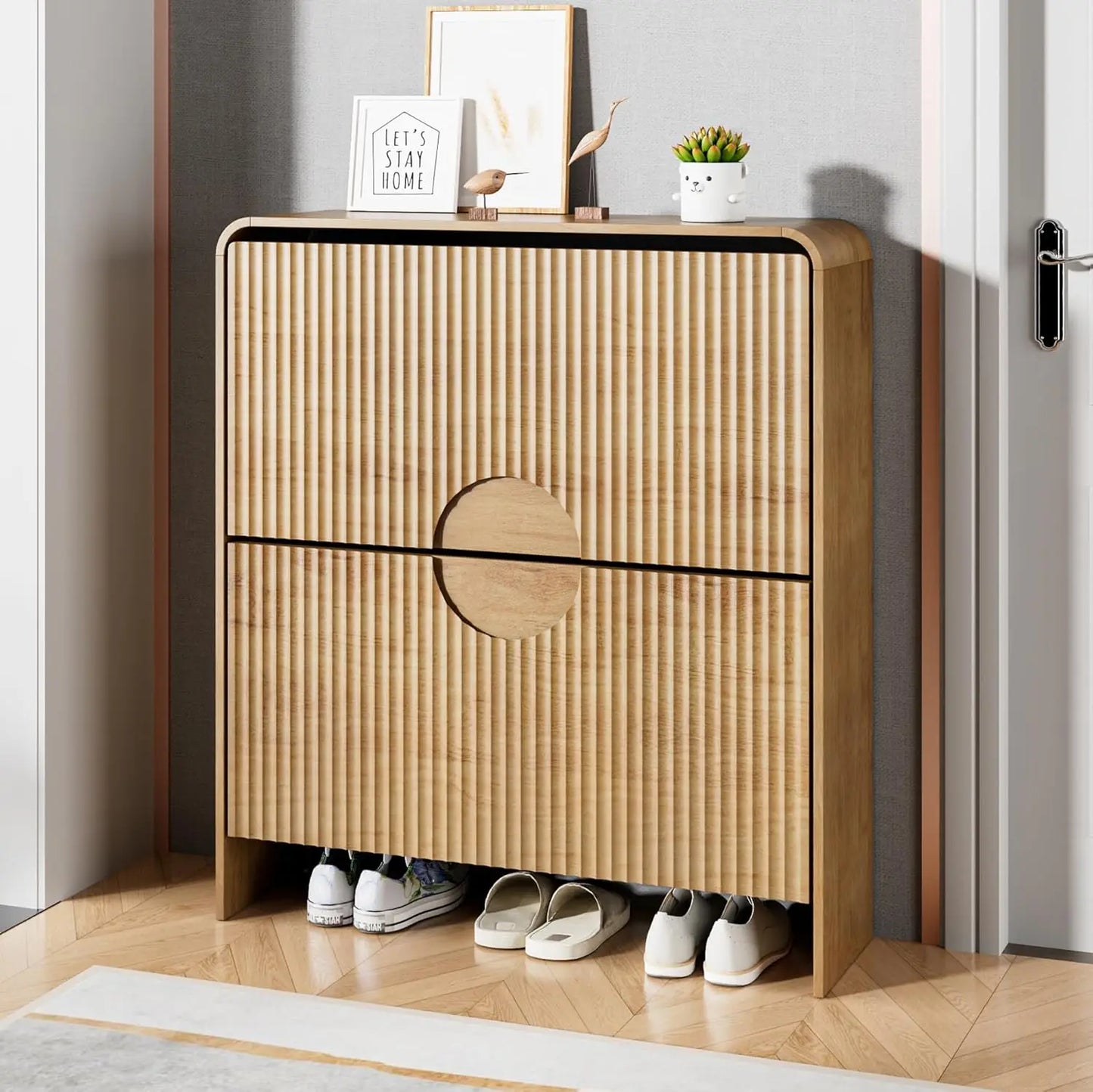 XIAOLANG Narrow Shoe Cabinet With Fluted Doors 2 Drawers