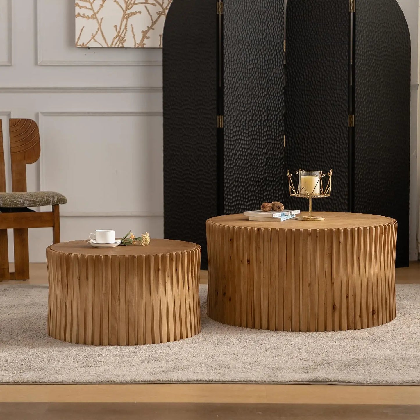 Round Wood Drum Coffee Table Set Of Two No Assembly