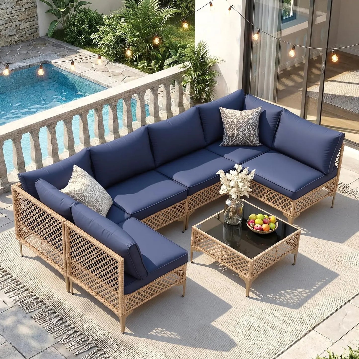 7 Piece Wicker Patio Sectional Set With Cushions And Glass Coffee Table