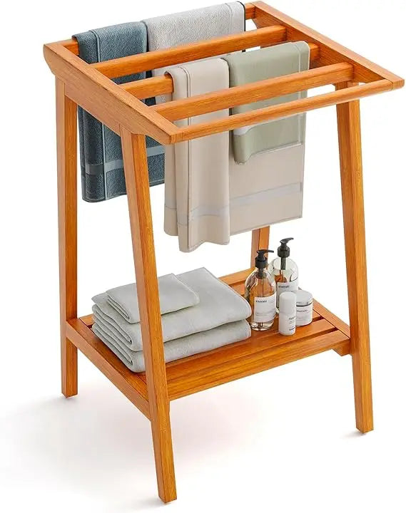 DAFIFY Freestanding Teak Towel Rack With 5 Bars And Shelf