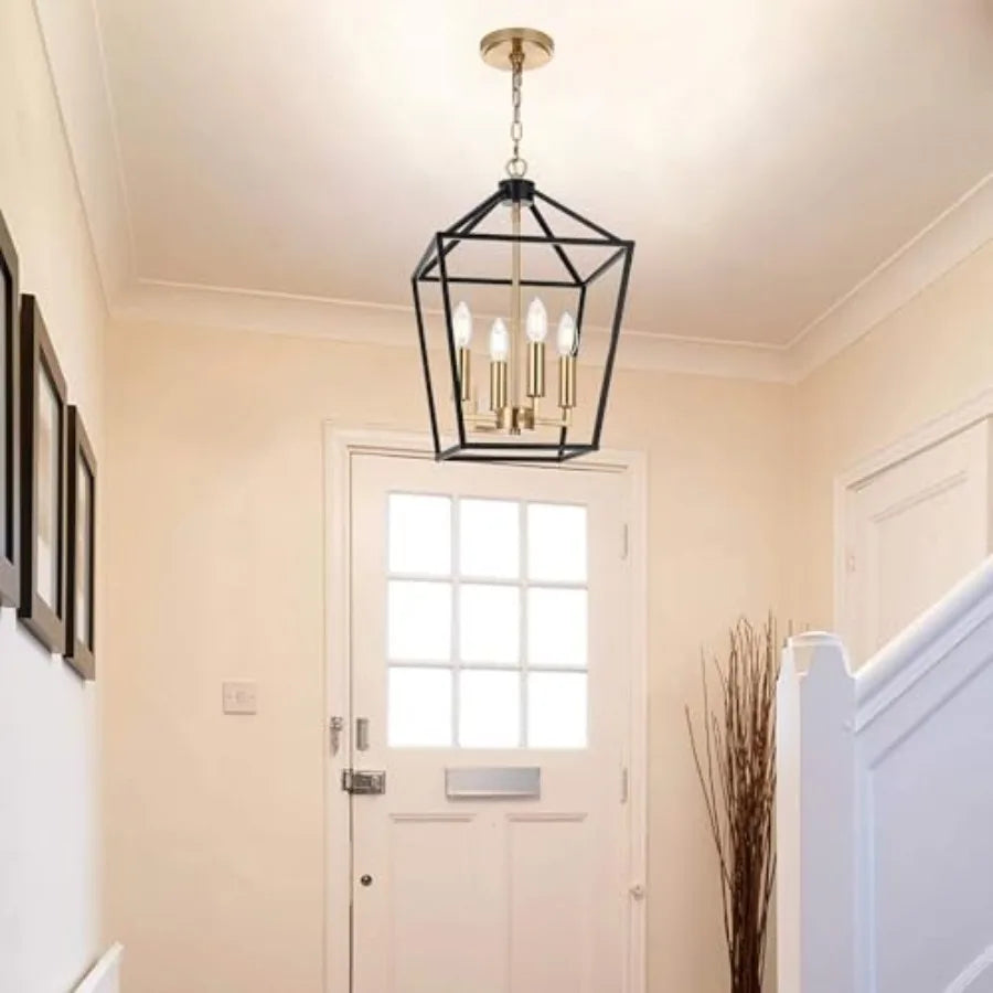 4-Light Farmhouse Cage Pendant Light Chandelier Brass Candle Shape