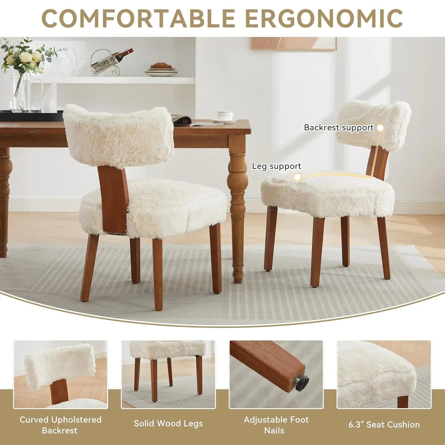 Mid-Century Fur Fabric Dining Chairs With Curved Backrests