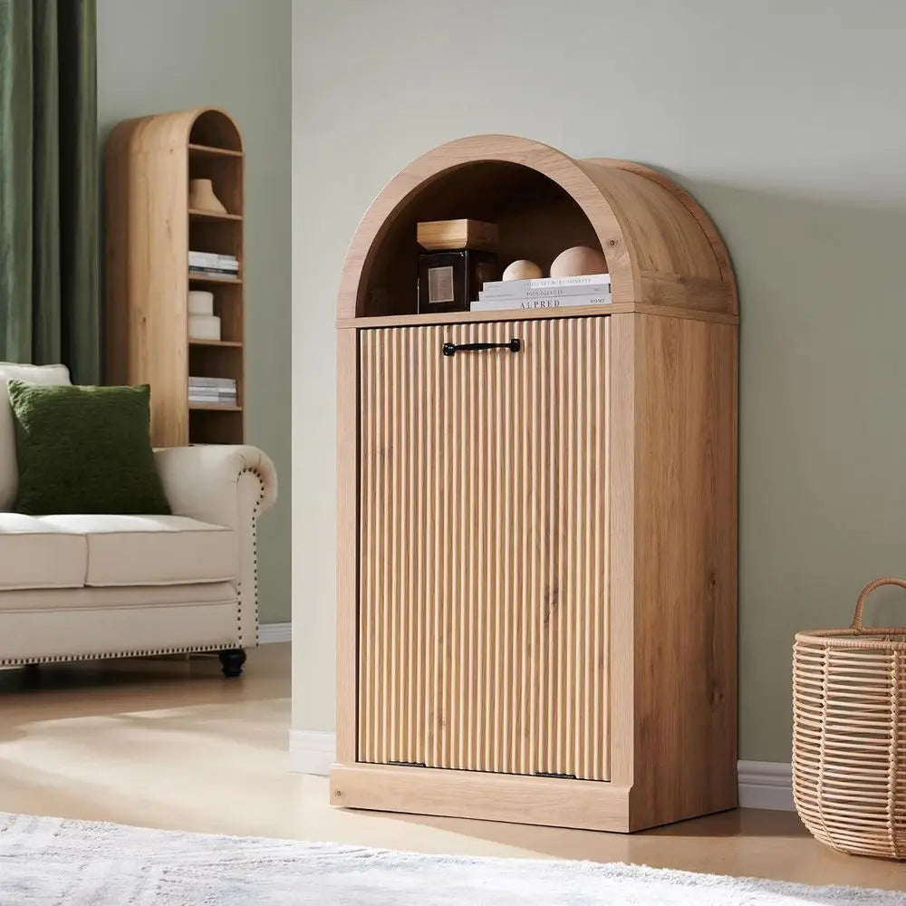 Arched Tilt Out Fluted Trash Can Cabinet With Open Shelf