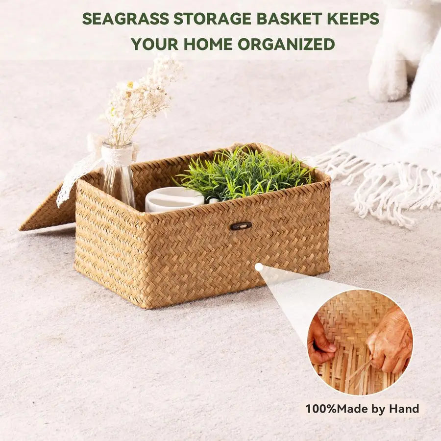 Natural Seagrass Storage Baskets With Lid Set Of 3 Bins