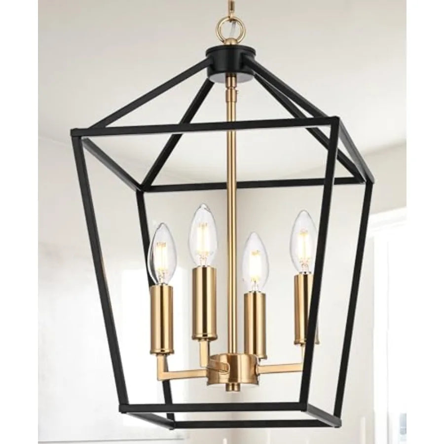 4-Light Farmhouse Cage Pendant Light Chandelier Brass Candle Shape