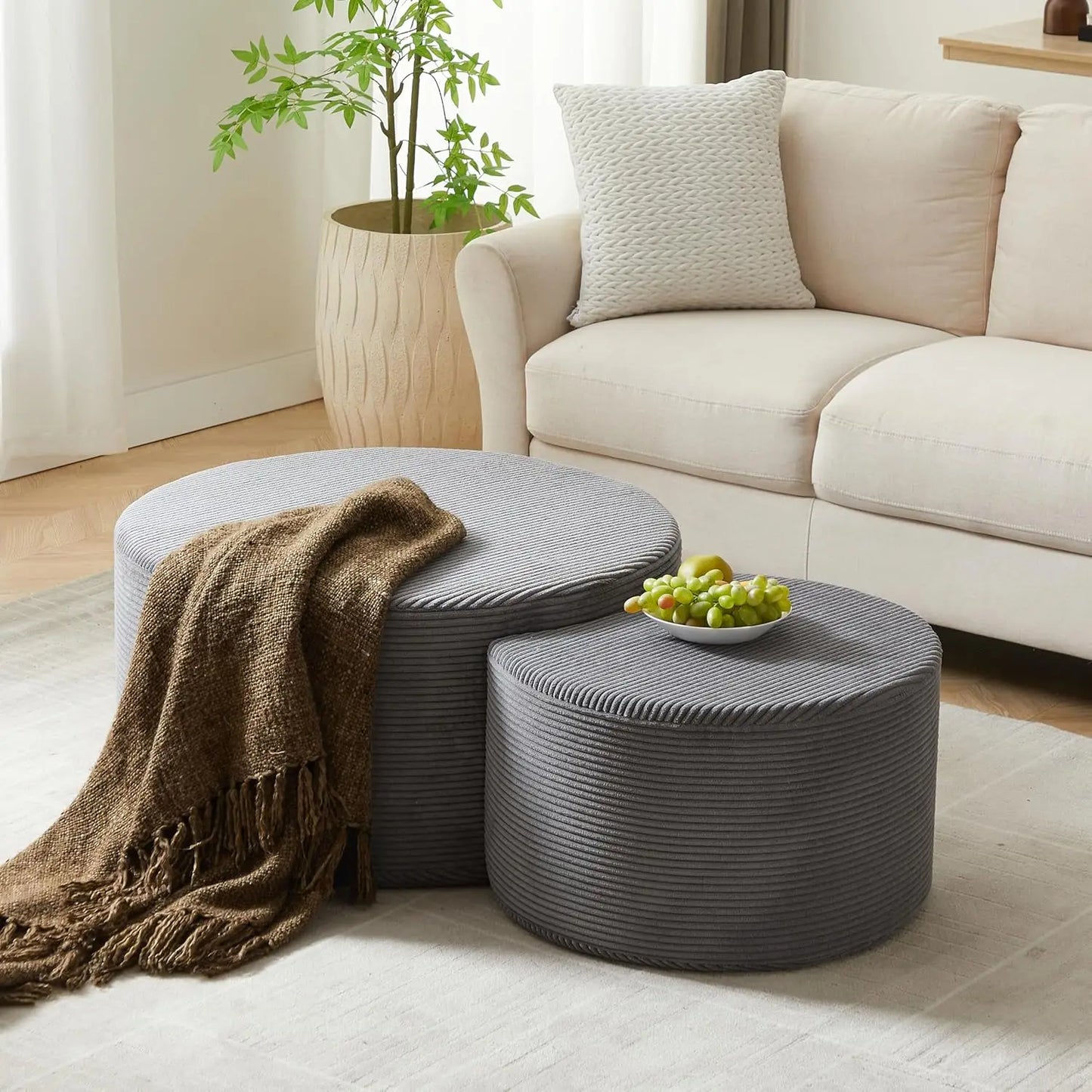 Round Wood Drum Coffee Table Set Of Two No Assembly