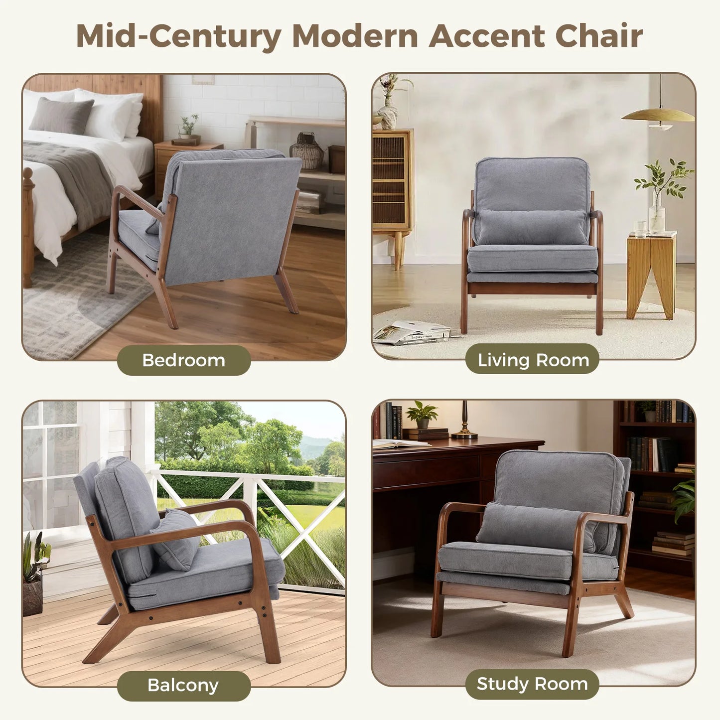 JHK Mid Century Modern Chair With Wooden Frame And Armrests