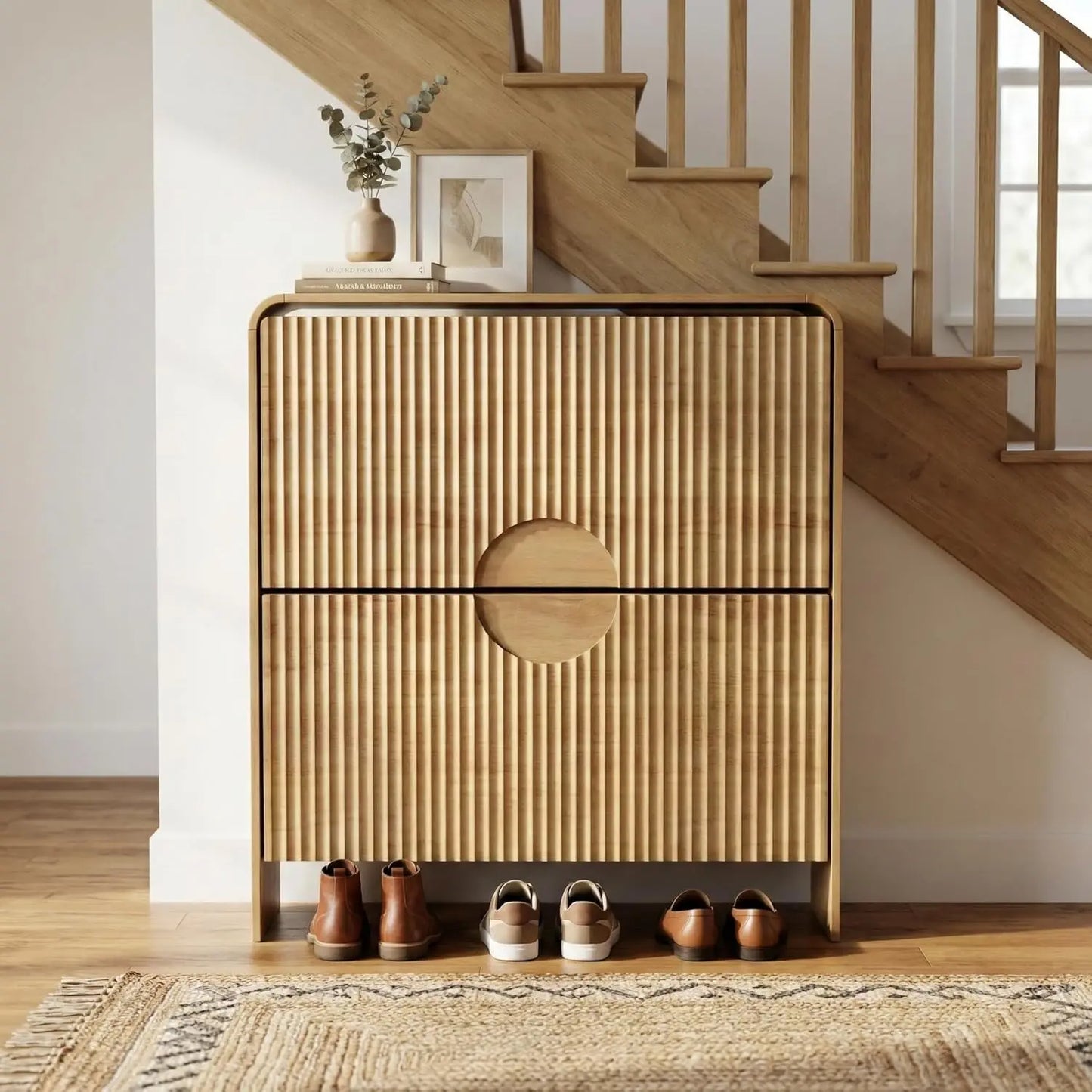 XIAOLANG Narrow Shoe Cabinet With Fluted Doors 2 Drawers