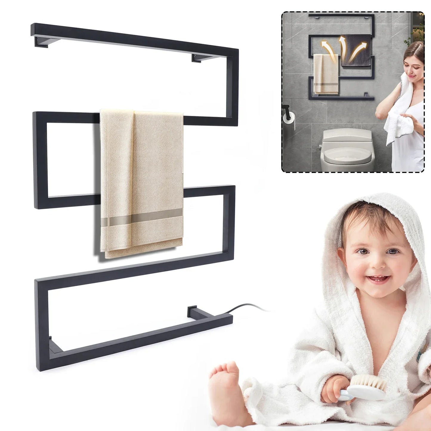 Towel Warmer 90W Electric Heated Towel Rack Stainless Steel