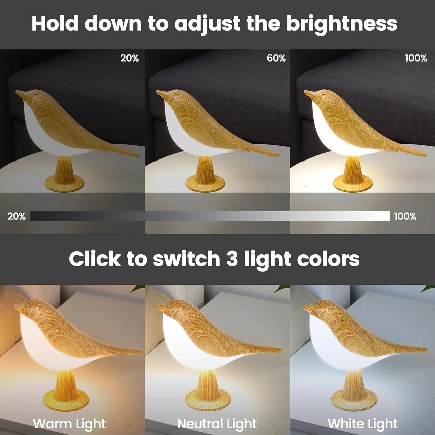 LED Touch Control Bird Lamp Art Deco Dimmable With USB C Rechargeable