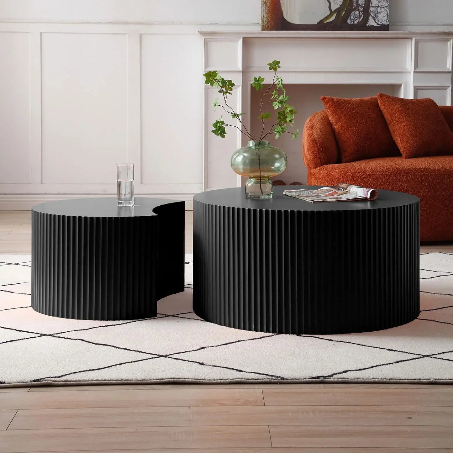 Round Wood Drum Coffee Table Set Of Two No Assembly