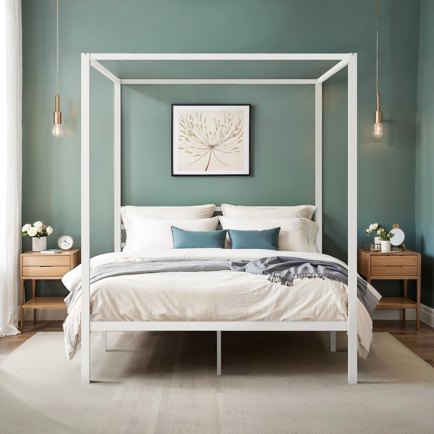 HOOMI Canopy Bed Frame Four Poster With Metal Crossbars