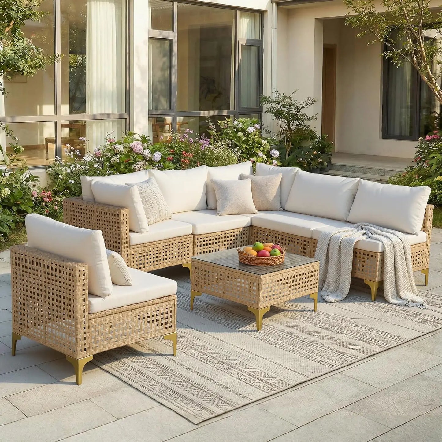 7 Piece Wicker Patio Sectional Set With Cushions And Glass Coffee Table