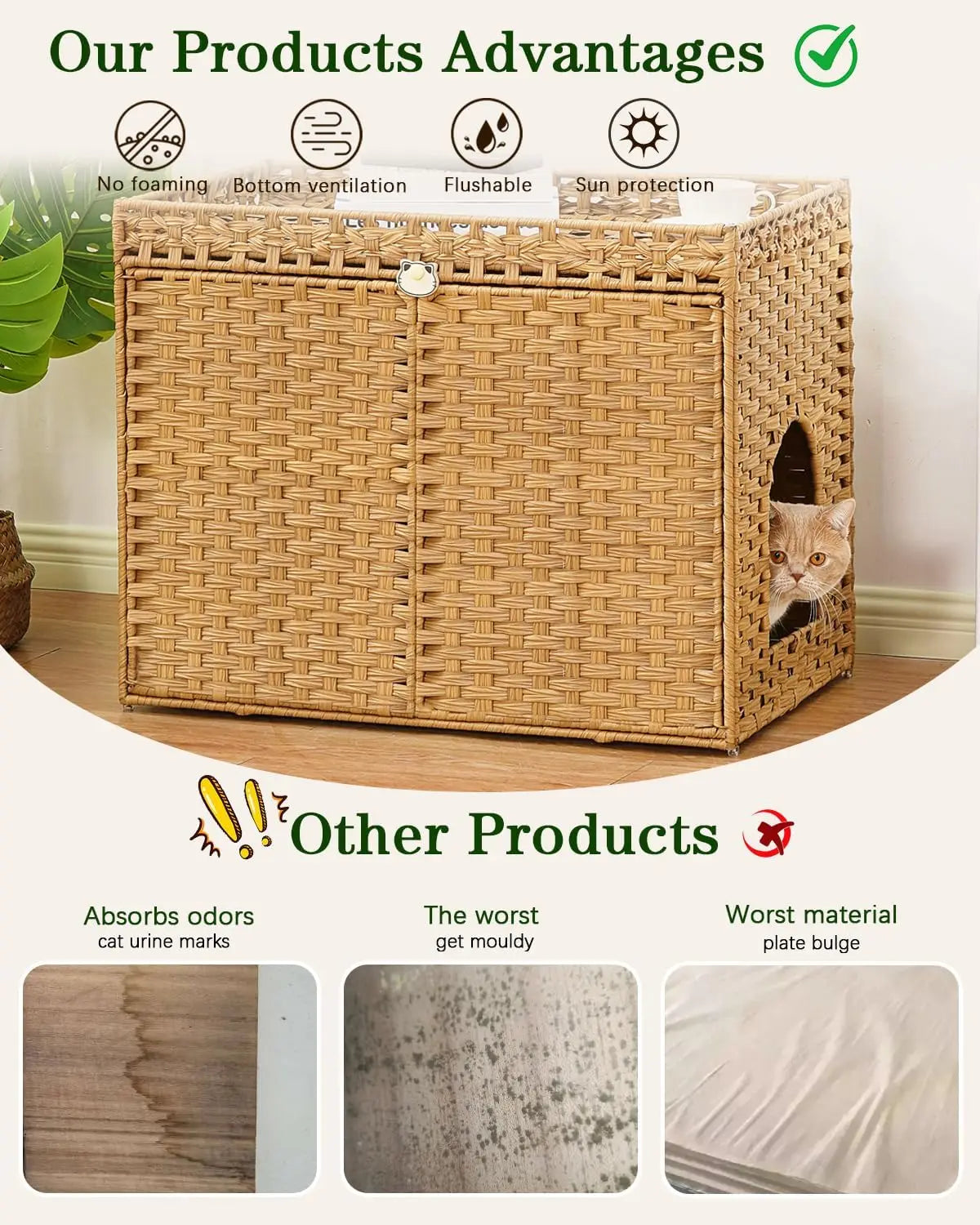 Rattan Cat Litter Box Enclosure With Mat And Hooks