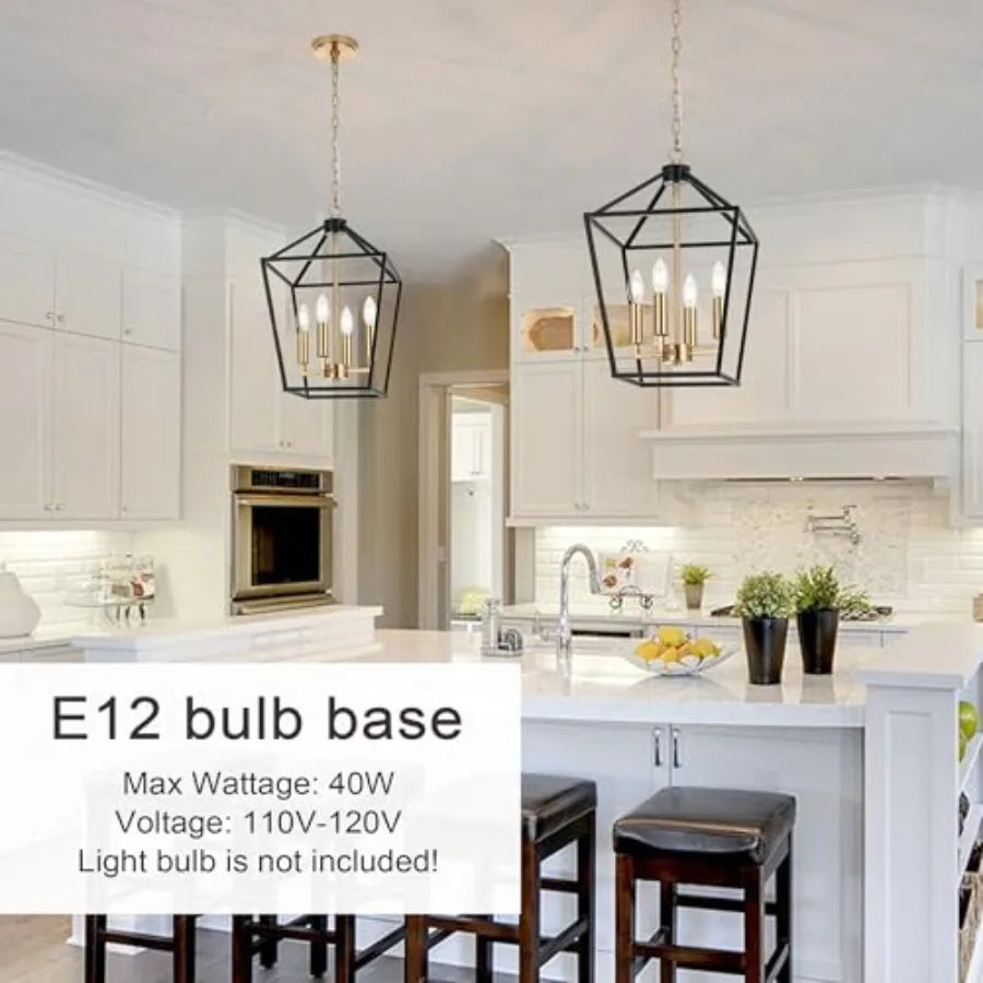 4-Light Farmhouse Cage Pendant Light Chandelier Brass Candle Shape