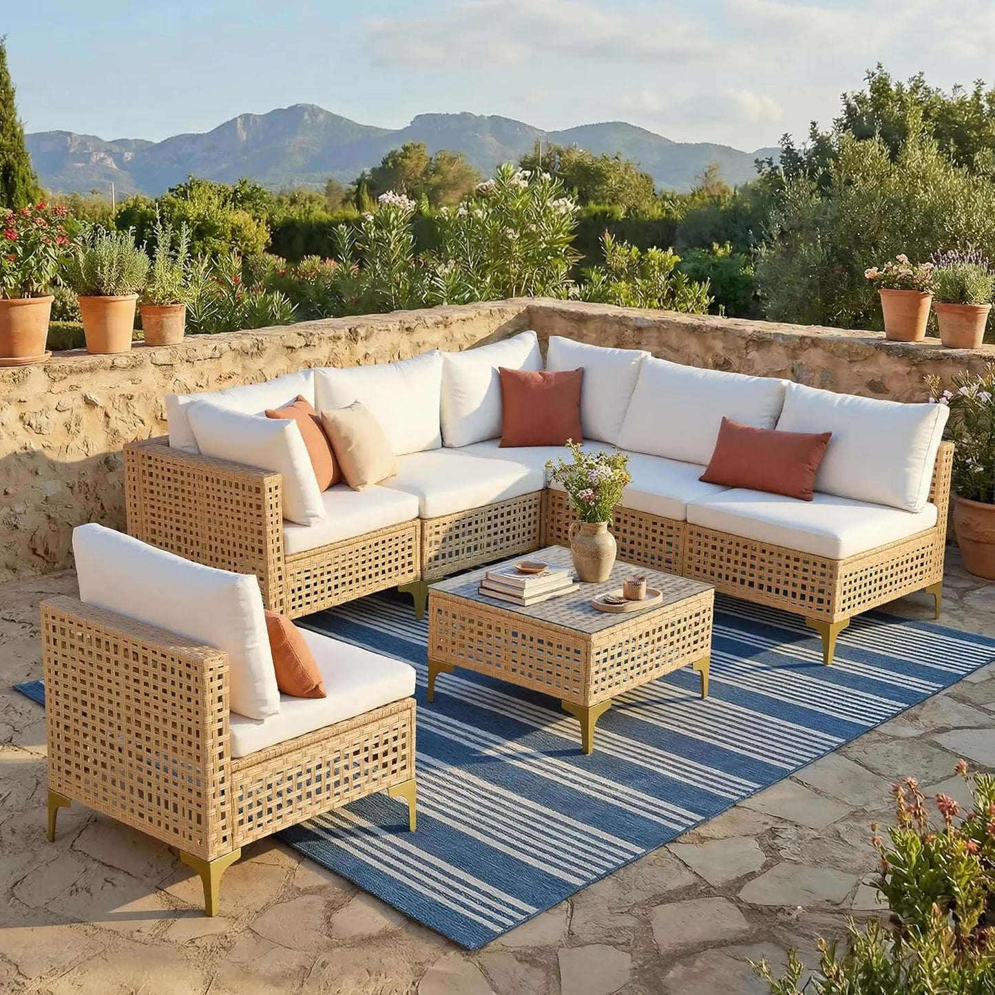 7 Piece Wicker Patio Sectional Set With Cushions And Glass Coffee Table