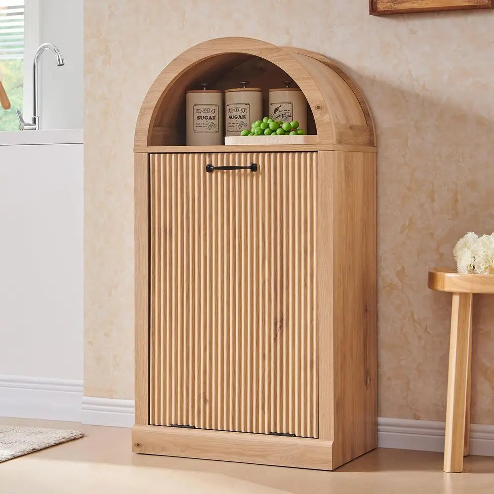 Arched Tilt Out Fluted Trash Can Cabinet With Open Shelf