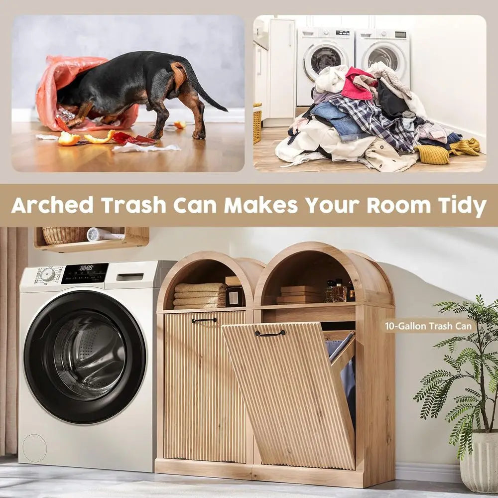 Arched Tilt Out Fluted Trash Can Cabinet With Open Shelf