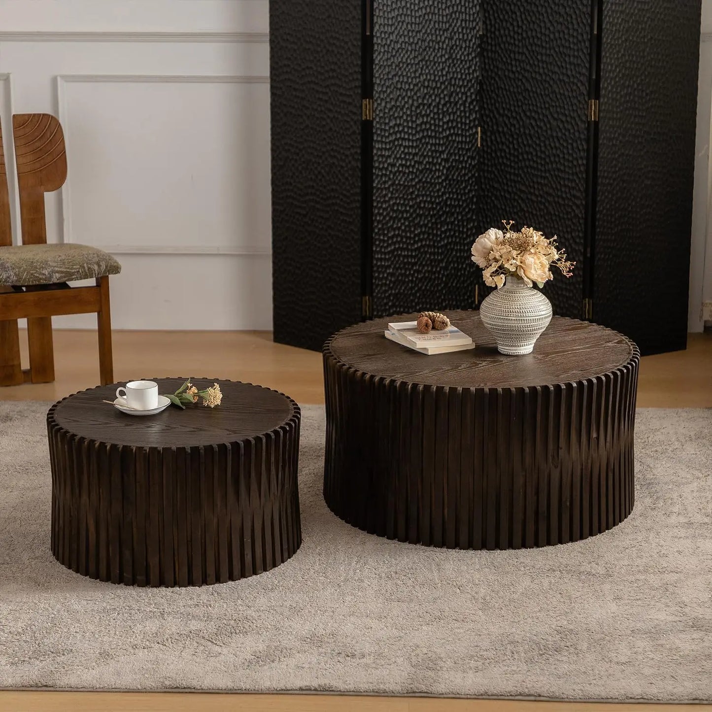 Round Wood Drum Coffee Table Set Of Two No Assembly