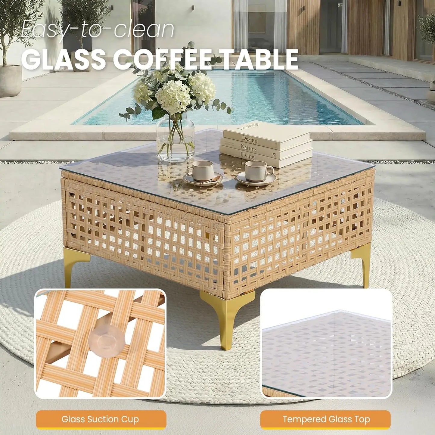 7 Piece Wicker Patio Sectional Set With Cushions And Glass Coffee Table