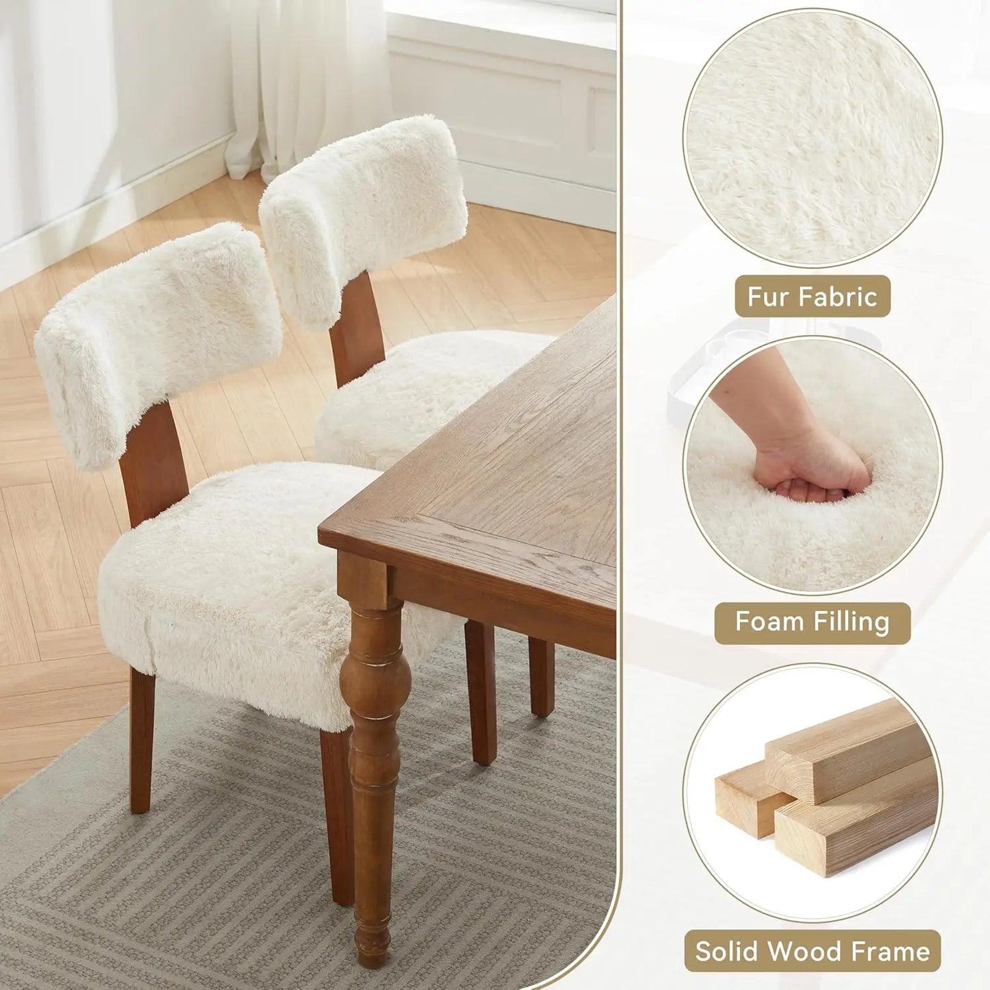 Mid-Century Fur Fabric Dining Chairs With Curved Backrests