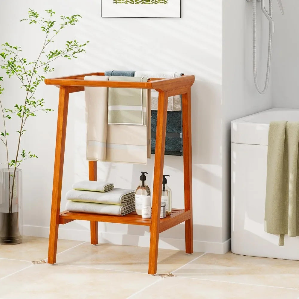 DAFIFY Freestanding Teak Towel Rack With 5 Bars And Shelf