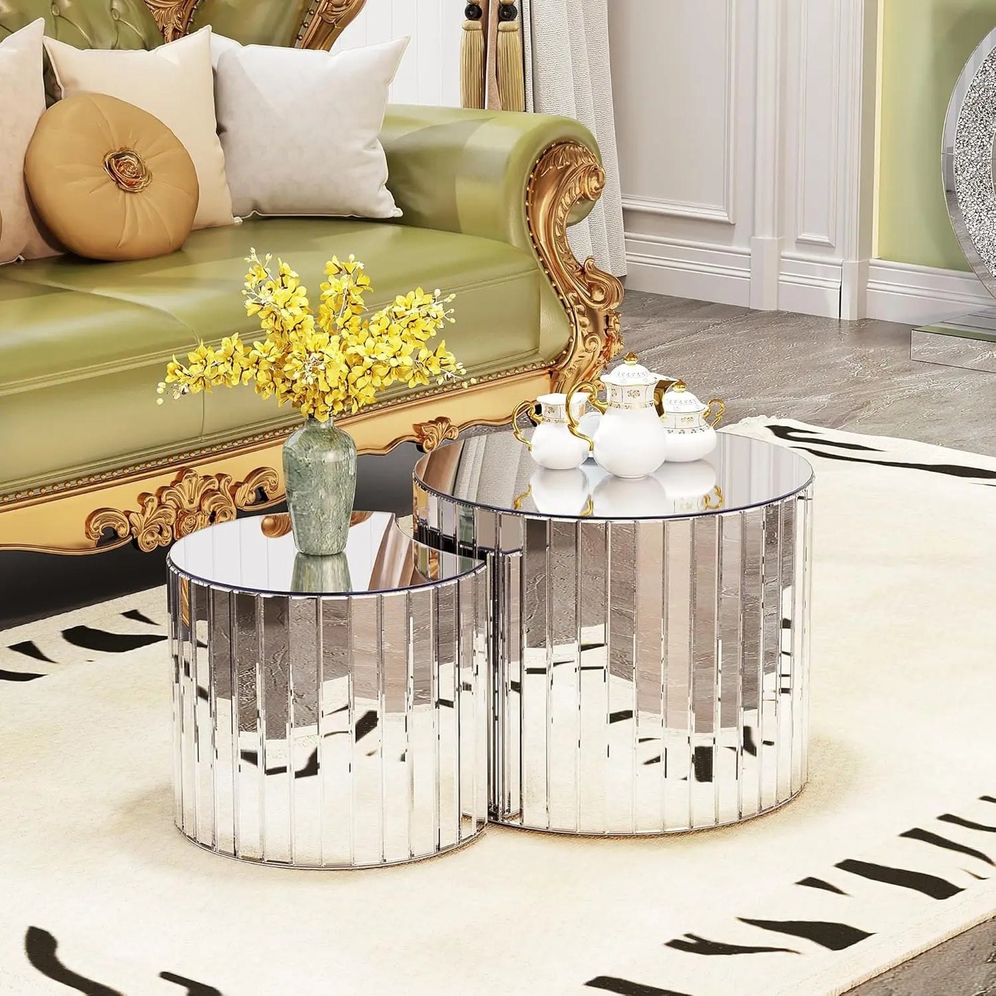 Round Wood Drum Coffee Table Set Of Two No Assembly