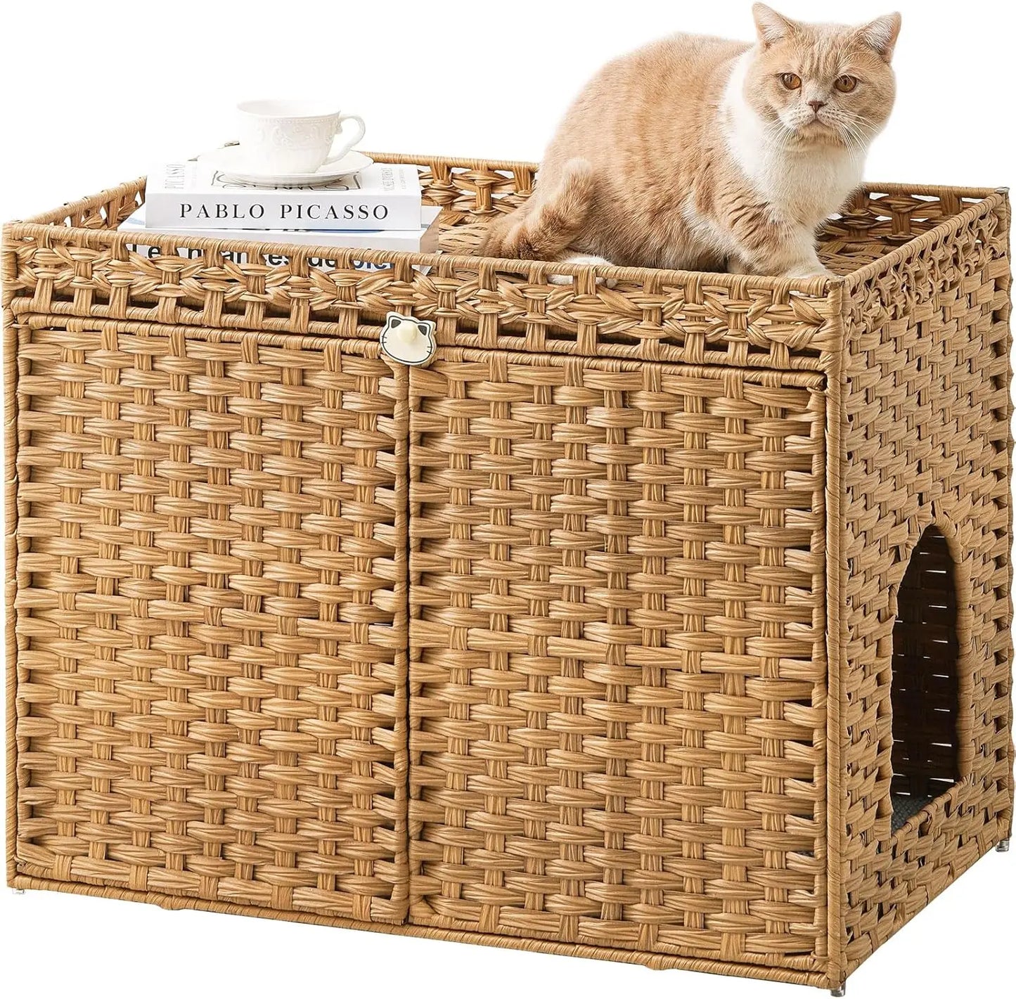 Rattan Cat Litter Box Enclosure With Mat And Hooks