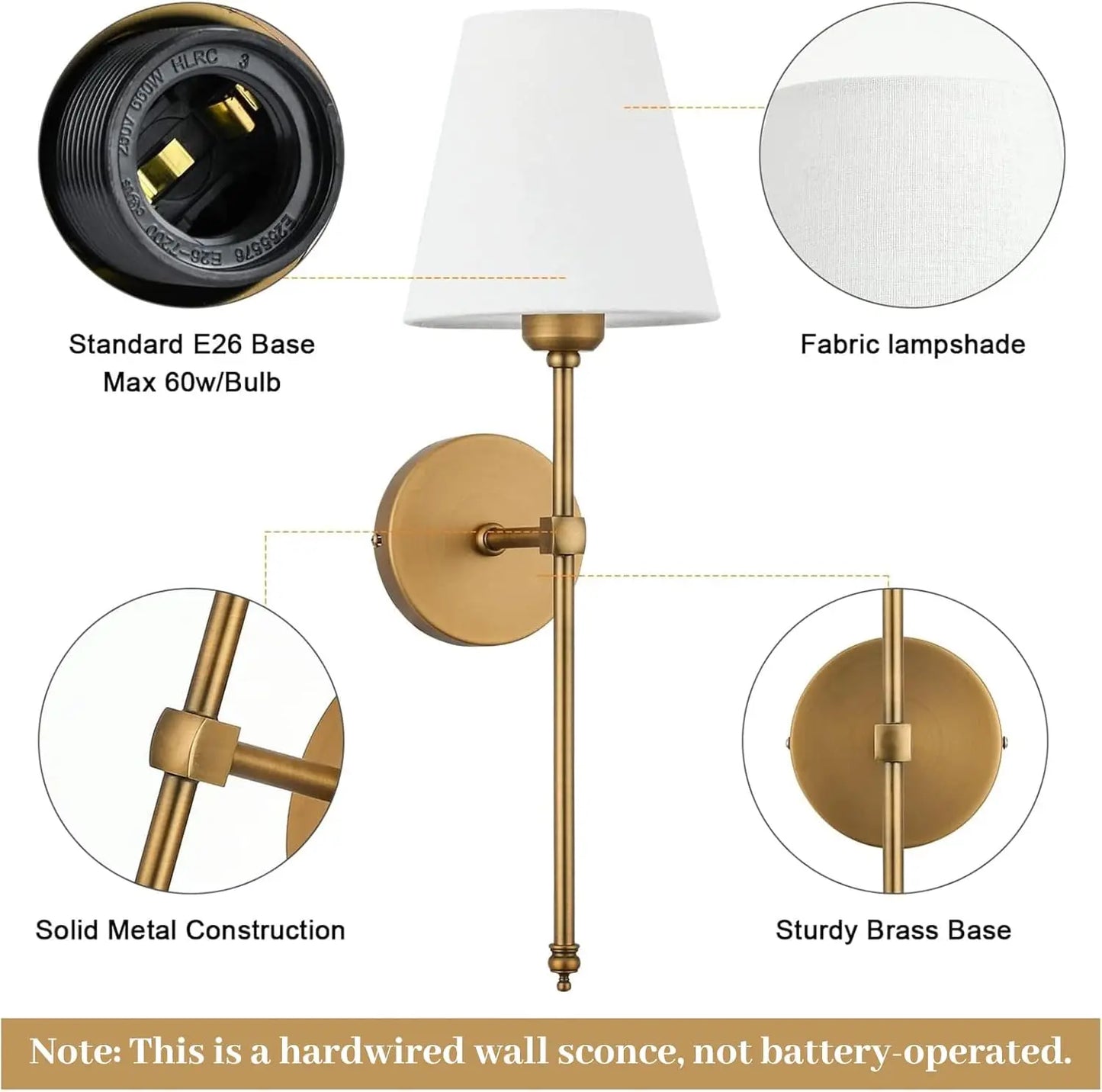 Elegant Classic Brushed Brass Wall Sconces Set of Two