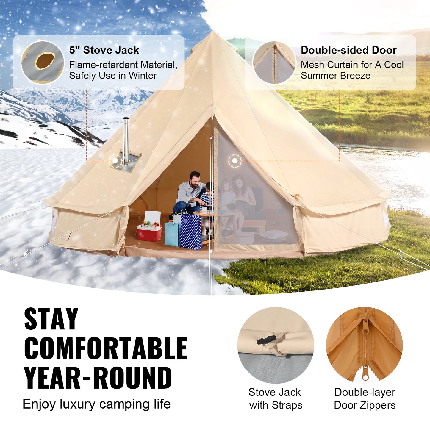 SucceBuy Canvas Bell Tent For Camping With Stove Breathable Design
