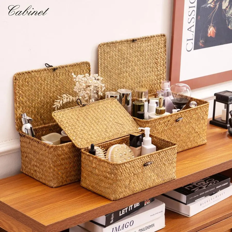 Natural Seagrass Storage Baskets With Lid Set Of 3 Bins