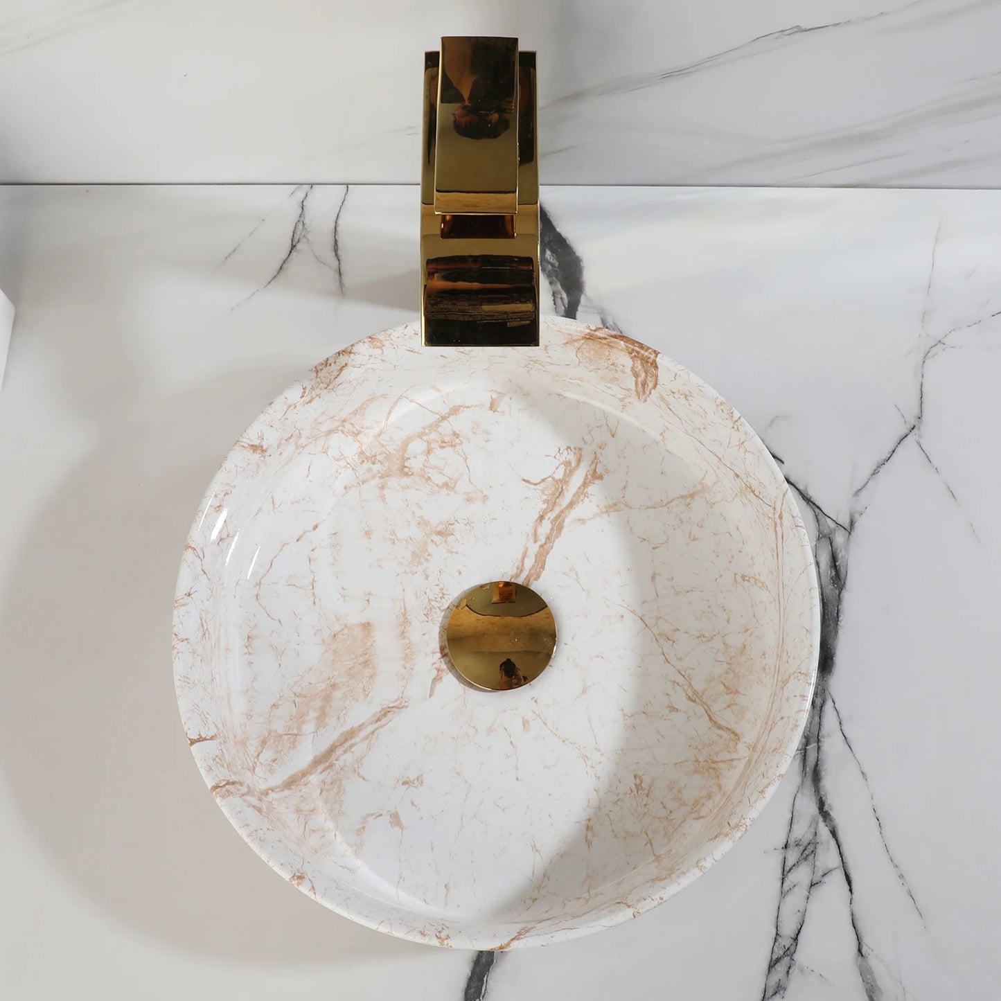 Yanksmart White Marble Vessel Sink With Gold Faucet Drain