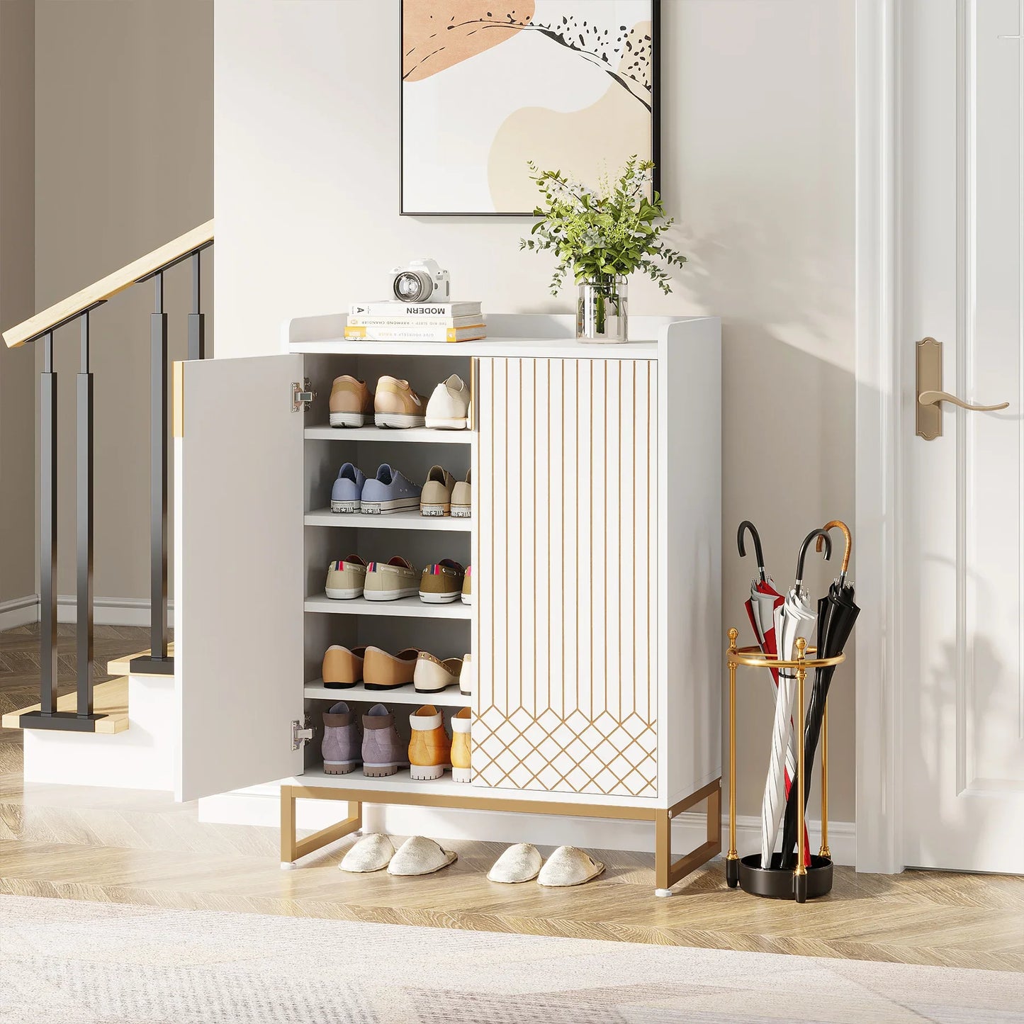 Tribesigns 5 Tier Shoe Cabinet With Doors Wooden Storage Organizer