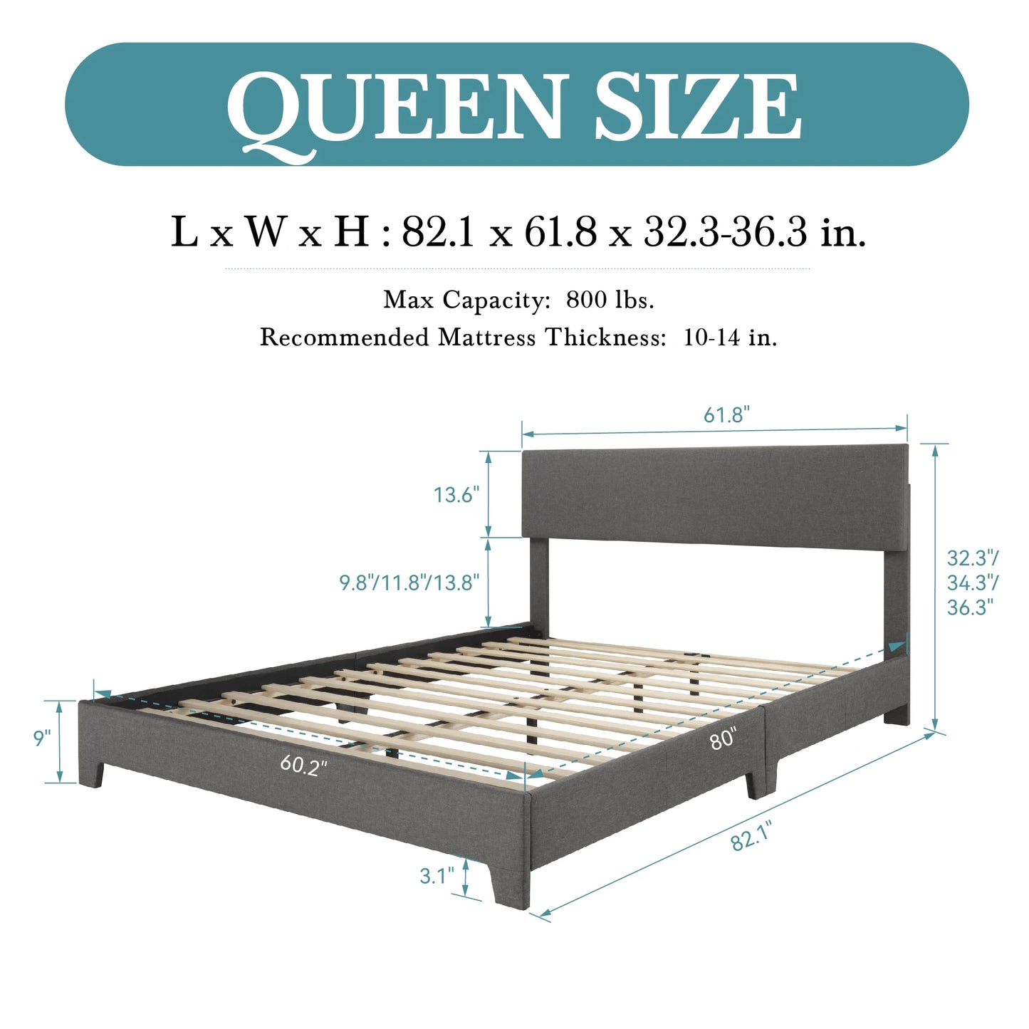 HOOMIC Upholstered Bed Frame With Adjustable Linen Headboard Quiet Support