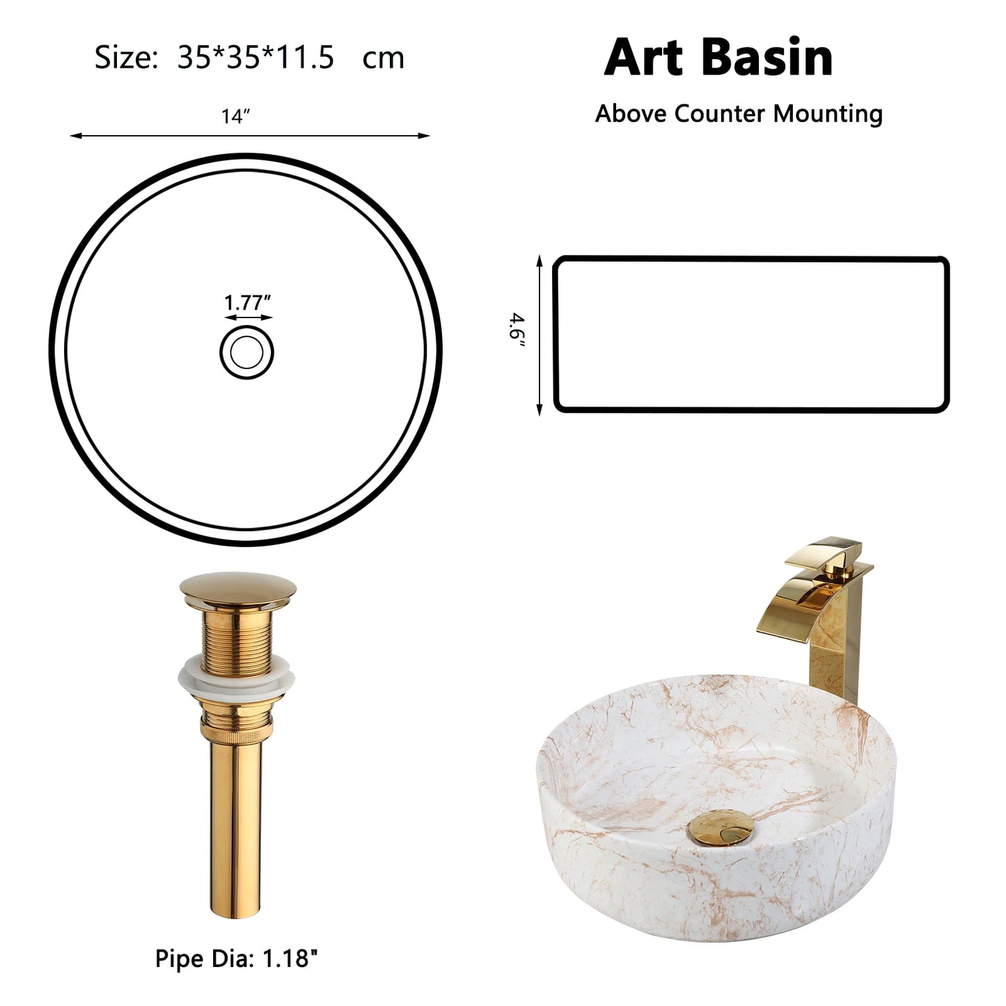 Yanksmart White Marble Vessel Sink With Gold Faucet Drain