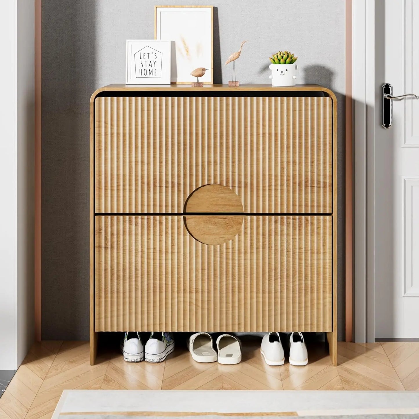 XIAOLANG Narrow Shoe Cabinet With Fluted Doors 2 Drawers