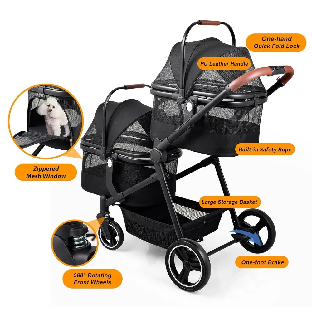 Lightweight Foldable Double Pet Stroller For Cats And Dogs