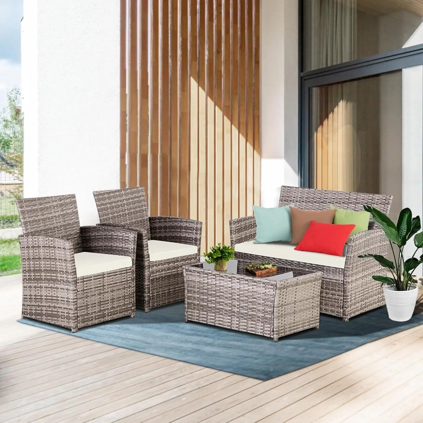 Outdoor 4-Piece Rattan Patio Furniture Set With Table And Chairs