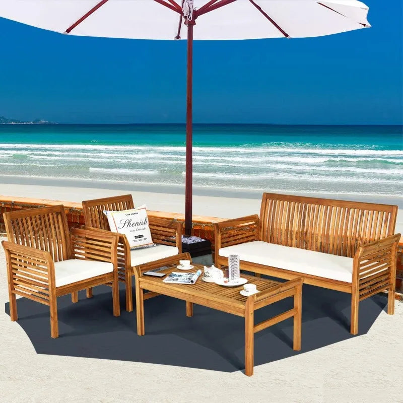 Acacia Wood 4-Piece Outdoor Sofa Set With Water Resistant Cushions Coffee Table
