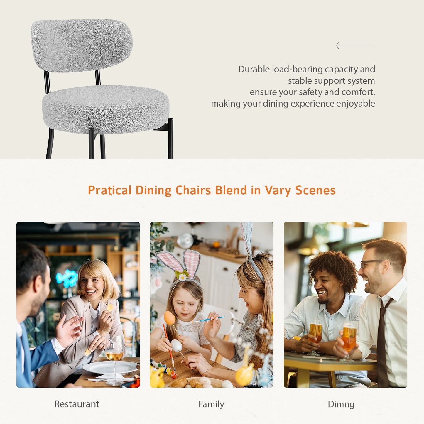 JHK Ergonomic Round Dining Chairs Set Plush Fabric Metal Legs