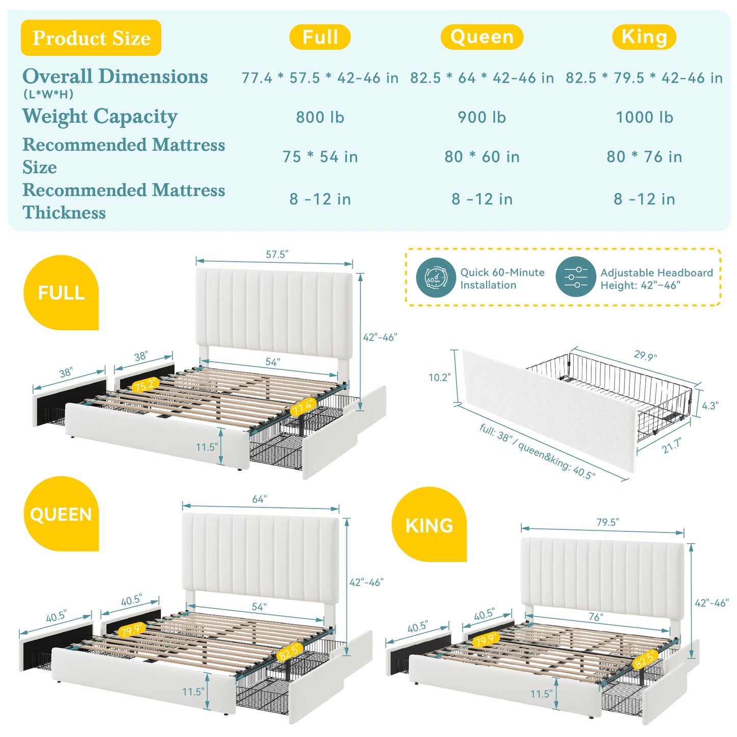 HOOMIC Velvet Storage Bed Frame with Adjustable Headboard and Drawers