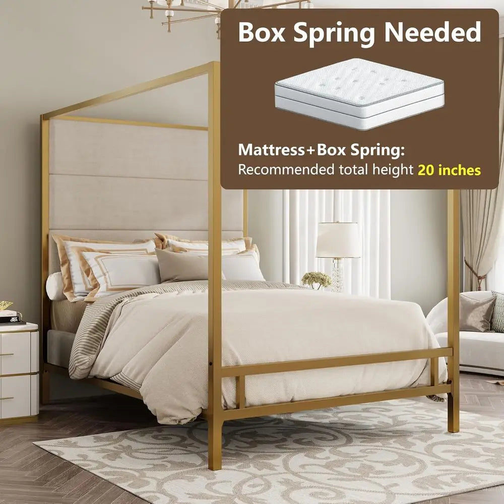 RBXC Modern Metal Canopy Bed Frame 4-Poster With Linen Headboard