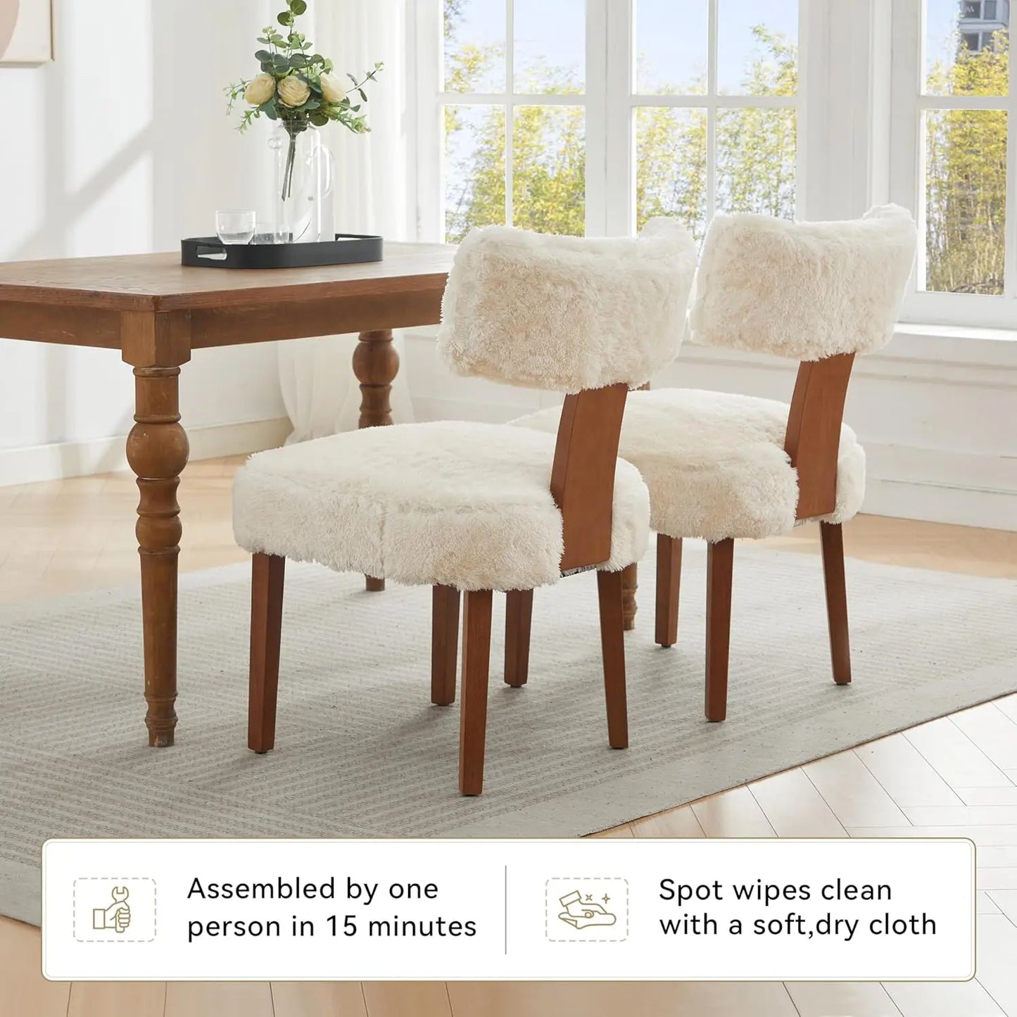 Mid-Century Fur Fabric Dining Chairs With Curved Backrests