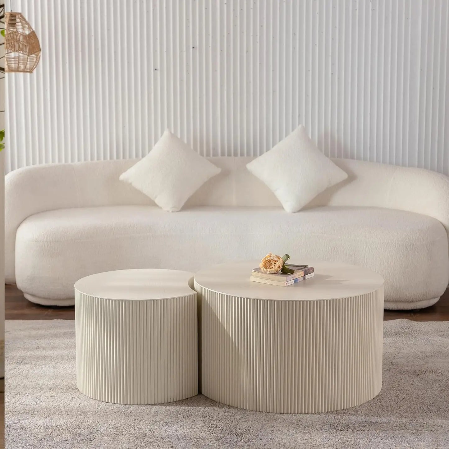 Round Wood Drum Coffee Table Set Of Two No Assembly